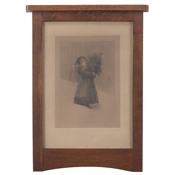 L & JG Stickley frame, Leopold Stickley: L & JG Stickley frame, from the estate of Leopold Stickley, containing a print pencil signed by Elbert Hubbard, image: 12" x 8", frame: 24" x 17.5", original finish