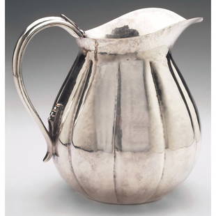 Cellini Craft handled vessel, designed by Hans Grag: Cellini Craft handled vessel, designed by Hans Grag, hand-wrought silver on copper, marked, #1189, 8"w x 7"h