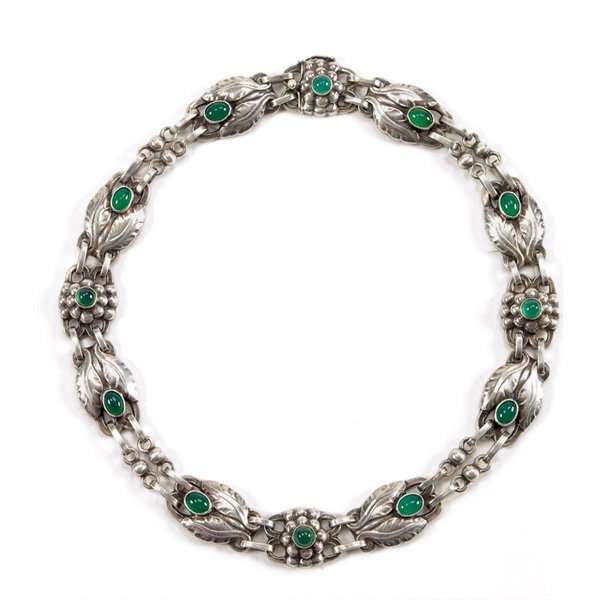 Georg Jensen necklace, c. 1910-1925, sterling: Georg Jensen necklace, c. 1910-1925, sterling with green stones, GI mark, "sterling Denmark", 14.5"l, excellent condition