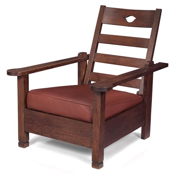 Stickley Brothers Morris chair, pierced design: Unusual early Stickley Brothers Morris chair, pierced design at back over recovered cushions, notched feet and rounded arms, original finish, replaced rope on original foundation, unsigned, 33"w x 40"