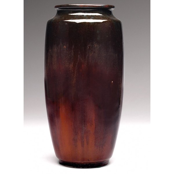 Teco vase, shouldered and tapered shape: Teco vase, shouldered and tapered shape, covered in an adventurine glaze, #60B, 4"w x 8"h