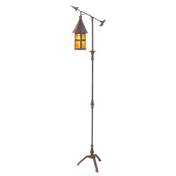 Arts & Crafts floor lamp, iron base: Arts & Crafts floor lamp, iron base with arrow design supporting a conical mica shade, 14"w x 64"h, very good condition