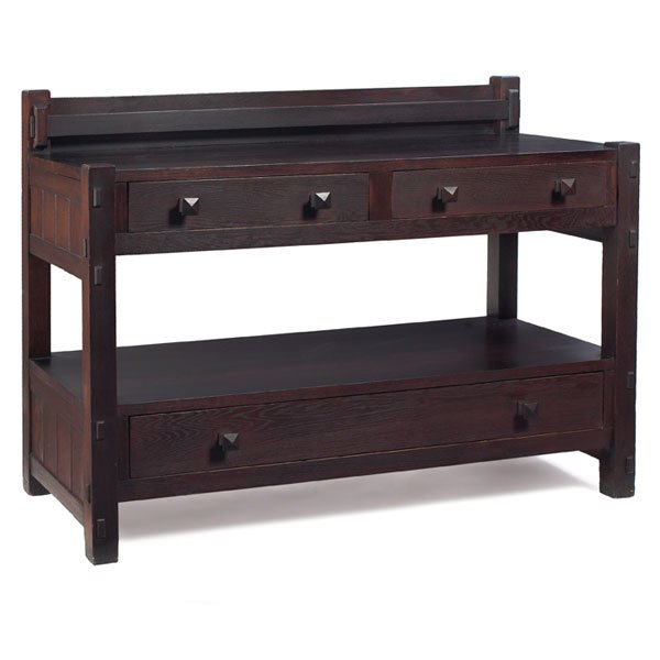 Gustav Stickley server, #955: Early Gustav Stickley server, #955, in chestnut, desirable form with plate rail at back above two half drawers over and open shelf and one full drawer, chamfered board sides and thru-tenon constructio