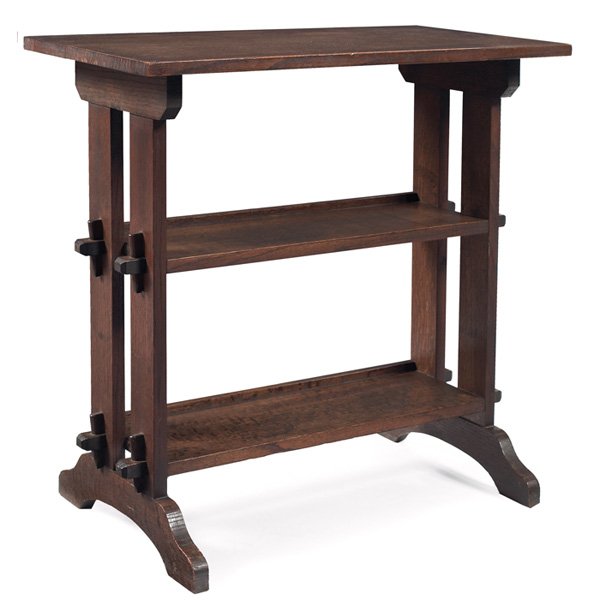 Roycroft Little Journeys stand: Roycroft Little Journeys stand, rectangular top over two lower shelves supported by double key and tenon construction on a shoe foot base, signed with metal tag, original finish, 26"w x 14"d x 26"h, v
