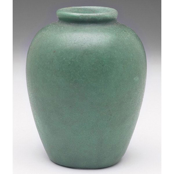 Teco vase, designed by William Gates: Teco vase, designed by William Gates, tapered shape, covered in an unusual green matte glaze, impressed marks, #200, 3.5"w x 4.25"h