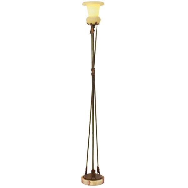 Steuben floor lamp, acid-etched shade: Steuben floor lamp, acid-etched shade with floral motif on a bronze arrow and marble base, 9"dia x 68.5"h, very good condition