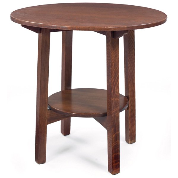 Limbert lamp table, #1138: Limbert lamp table, #1138, circular top over a lower shelf supported by splayed legs and arched cross-stretchers, branded signature, lightly recoated original finish, 30"dia x 29.5"h, very good condit