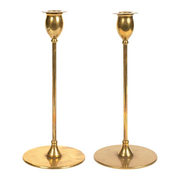 Jarvie candlesticks, pair, Alpha mode: Jarvie candlesticks, pair, Alpha model, original brass patina and bobeche, signed, 11.5"h, very good condition