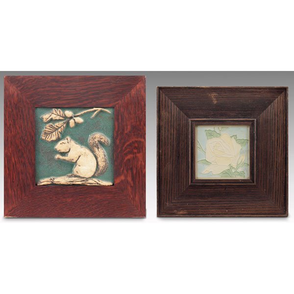 Weaver tile, with a Mosaic Tile : Weaver tile, contemporary, large form with squirrel in high relief against a green background, marked, held in an Arts & Crafts style frame, tile: 8"sq, overall: 13.5"sq; with a Mosaic Tile Co. tile, 