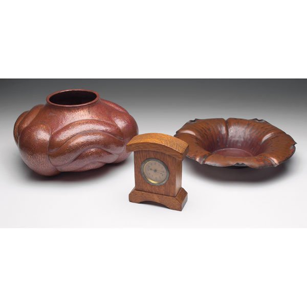 Arts & Crafts jardiniere, hammered copper: Arts & Crafts jardiniere, unusual shape in hammered copper, unmarked, lightly cleaned original patina, 12"w x 6"h; with a German Arts & Crafts clock, original finish, 4.5"w x 5.5"h; with a Craftsman S