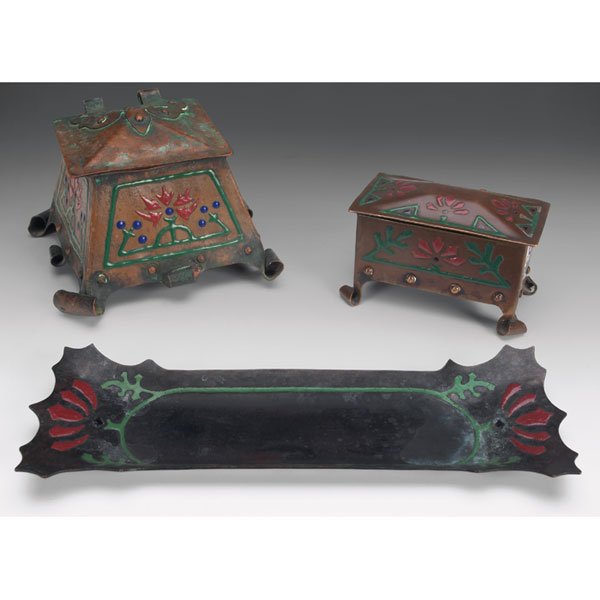 The Art Crafts Shop desk pieces, three: The Art Crafts Shop desk pieces, three, inkwell: 5"w x 3.5"h, pen tray: #104, 8.5"l, stamp box: 4"w x 2"h, all in bronzed metal with colorful enameled designs, all marked