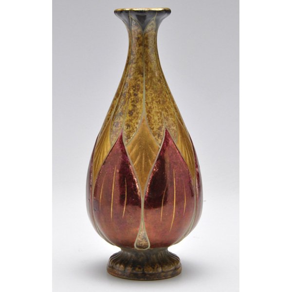 Amphora vase, c. 1920, bulbous: Amphora vase, c. 1920, bulbous and footed shape with organic designs in red, black and gold, marked, #11535, 4"w x 8.75"h