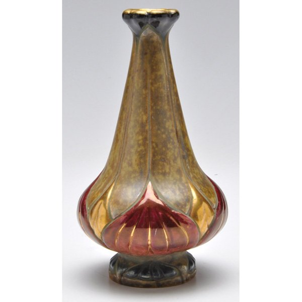 Amphora vase, c. 1920, bulbous shape: Amphora vase, c. 1920, bulbous shape with organic designs in red, black and gold, marked, #11527, 4"w x 7"h