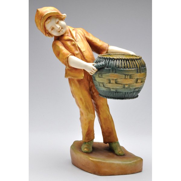 Amphora sculpture, c. 1900, boy, Eduard Stellmach: Amphora sculpture, c. 1900, design attributed to Eduard Stellmacher, boy carrying a basket, marked, 11"w x 15"h