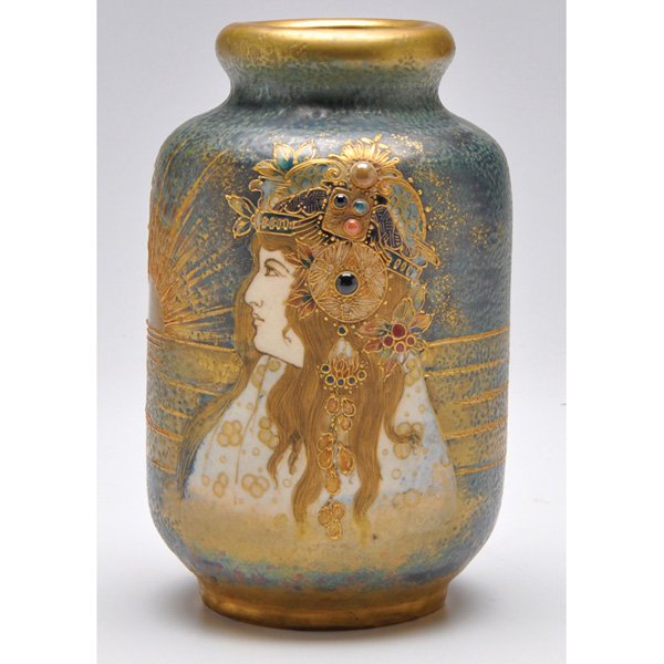 Amphora vase, c. 1900, Allegory of France: Amphora vase, c. 1900, Allegory of France, designed by Nikolaus Kannhäuser, shouldered cylindrical shape with a detailed portrait, marked, #02402, 4"w x 7"h