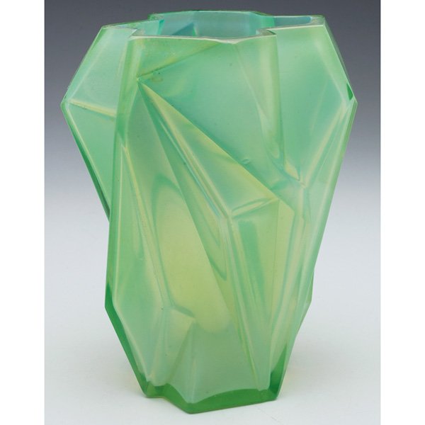 Consolidated Ruba Rombic vase: Consolidated Ruba Rombic vase, designed by Reuben Haley, green glass with overall opalescence, bogus R. Lalique mark on base, 4.5"w x 6"h