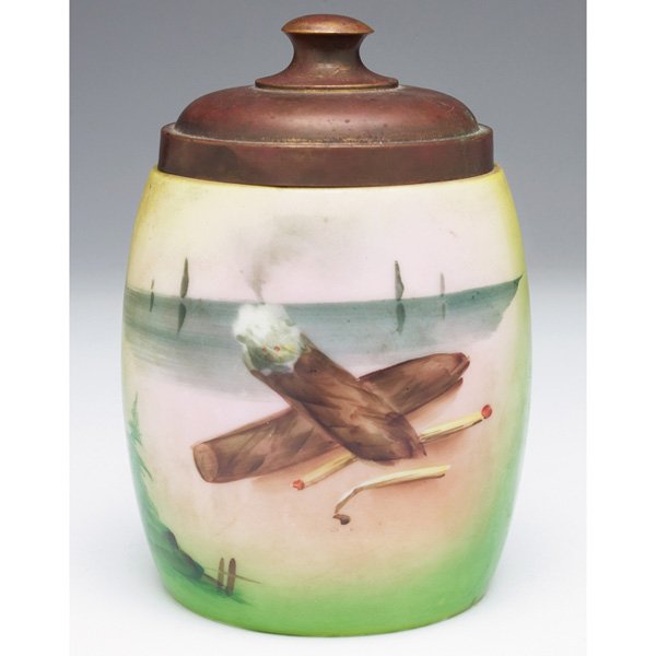 Art Glass humidor, milk glass: Art Glass humidor, milk glass with an unusual hand painted scene with cigars and matches in a landscape, copper lid, unmarked, 4.5"w x 6.5"h