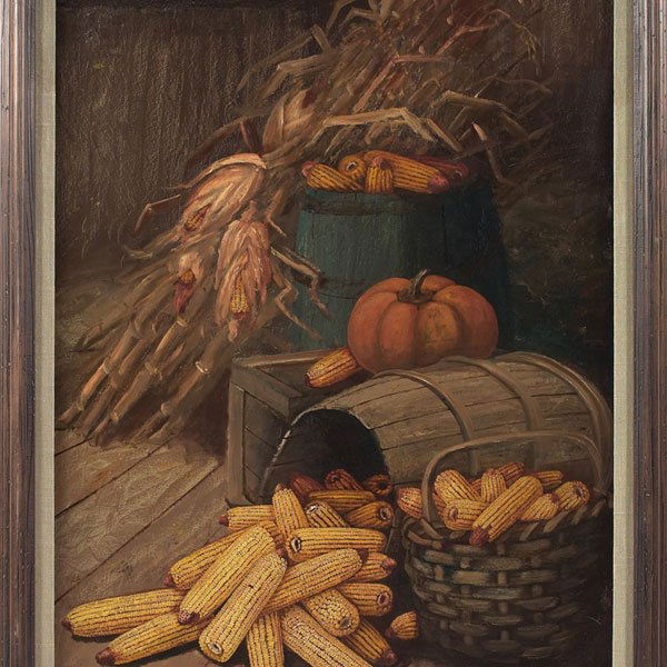 Alfred E. A. Montgomery, Still Life, oil: Alfred E. A. Montgomery (American, 1857-1922) "Still Life with Corn," c. 1910, oil on board, 46.5" x 34.5", signed lower left and dated, framed