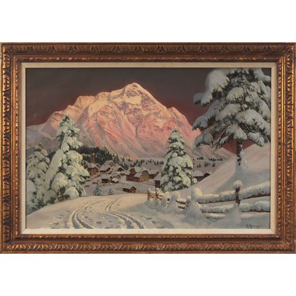 Alois Arnegger, Mountain Landscape, oil: Alois Arnegger (Austrian, 1879-1967) "Mountain Landscape," c. 1920, oil on canvas, 24" x 36", signed lower right, framed