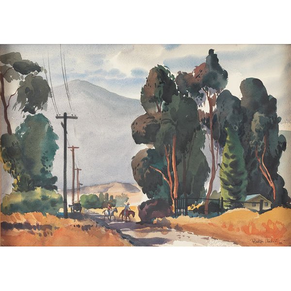 Ralph Hulett, San Fernando Valley, watercolor: Ralph Hulett (American, 1915-1974) "San Fernando Valley," 1943, watercolor, 15" x 21.25", signed and dated lower right, titled on period label on verso, framed