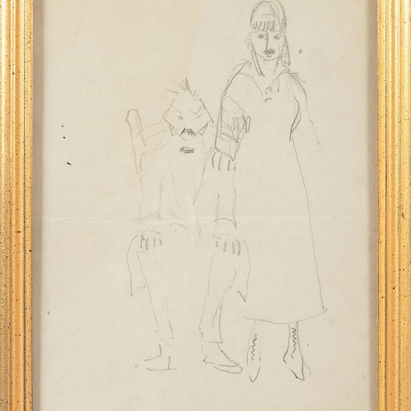 Robert Henri, Figures, c. 1910, pair of drawings: Robert Henri (American, 1865-1929) "Figures," c. 1910, pair of drawings, one double-sided, 10.5" x 6", both estate stamped lower left, framed