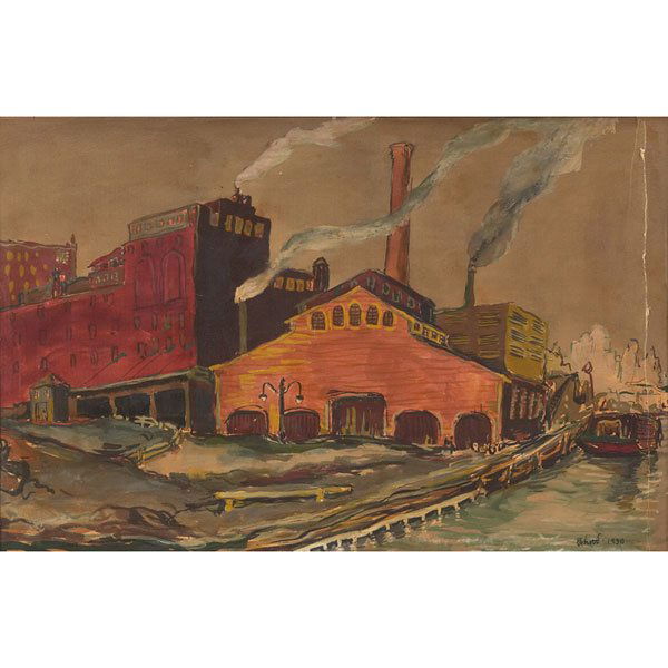 Aaron Bohrod, Chicago, watercolor: Aaron Bohrod (American, 1907-1992) "Industrial River Scene, Chicago," 1930, watercolor, 10" x 15", signed and dated lower right, unframed