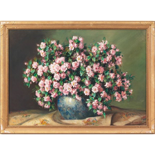 Alfio Paolo Graziani, Floral Still Life, oil: Alfio Paolo Graziani (Italian, 1900-1981) "Floral Still Life," c. 1940, oil on masonite, 27.5" x 39.25", signed lower right, framed