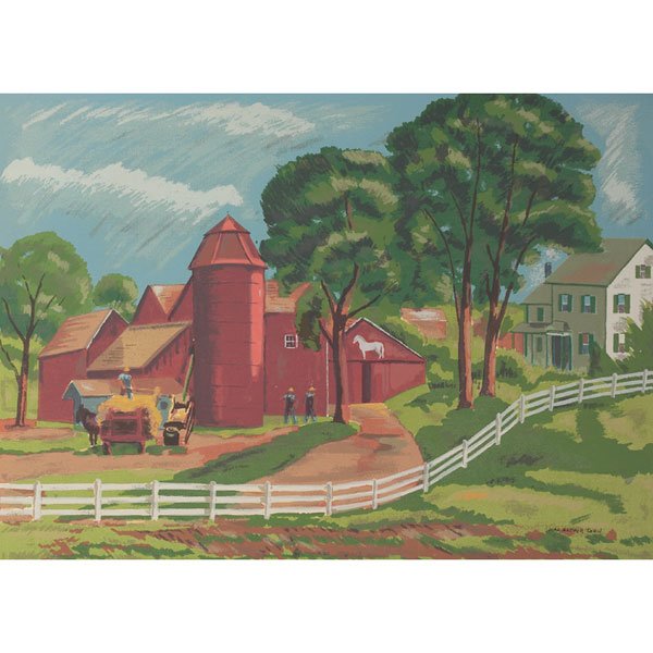 Max Arthur Cohn, pair of screenprints: Max Arthur Cohn (American, 1903-1998) "Road to Easton" and "Farm Buildings," 1942, 1944, pair of screenprints, (one shown), 14" x 19", both signed, editions of 46-50, unframed