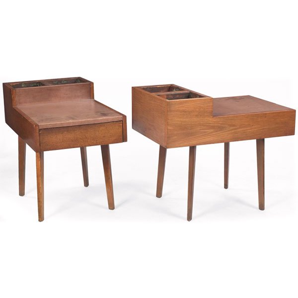 George Nelson tables Herman Miller leather copper: George Nelson end tables, pair, by Herman Miller, walnut with inset leather, each with one drawer and copper planter, original finish, 19"w x 30.5"d x 26"h, good original condition