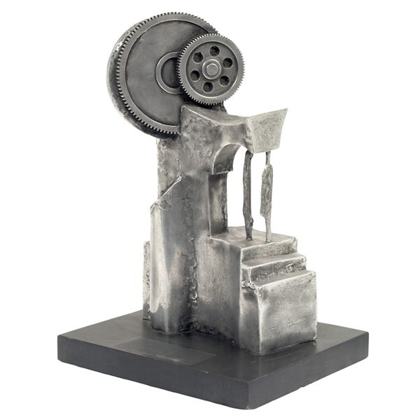 Helen Hosking sculpture, African-American sculpto: Helen Hosking (American, contemporary), "Machination", c. 1980; aluminum sculpture with base, 13" high. African-American sculptor. Hosking studied at the Cooper Union School in New York, many of her s
