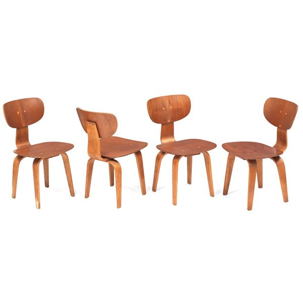 Cees Braakman chairs, 4, by UMS-Pastoe: Cees Braakman chairs, 4, by UMS-Pastoe, model SB 02, c.1955, molded teak plywood, curved legs, exposed blond wood details, old recoat over original finish, 18.25"w x 21"d x 32"h, good original conditi