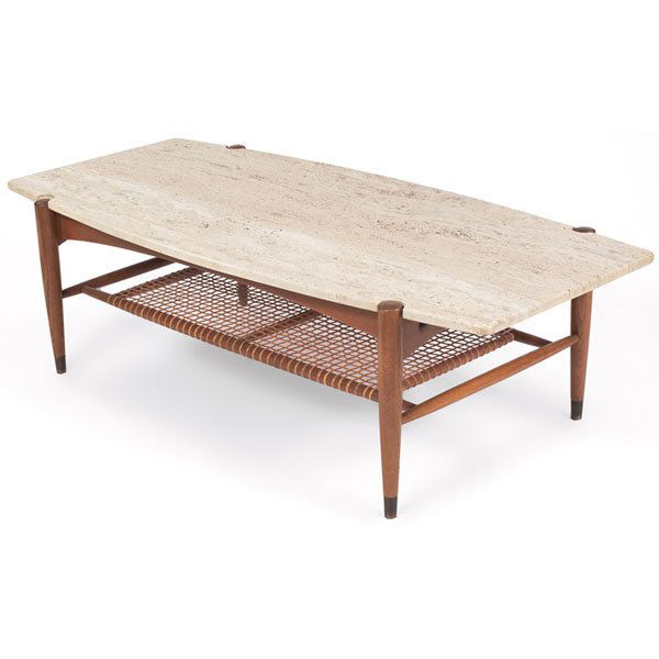 Dux coffee table, Sweden ,travertine top: Dux coffee table, Sweden, Italian travertine marble top, hardwood frame with caned lower shelf, travertine is notched for wood supports, original finish, marble stamped "Made in Italy", base with pape