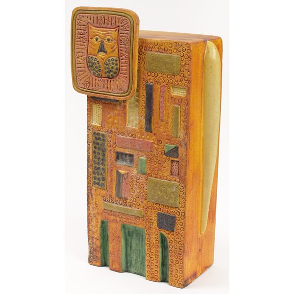 Marcello Fantoni ceramic cat Raymor label signed: Marcello Fantoni ceramic cat, Italy, impressed and applied details, multi-colored glaze, Raymor paper label and signed "Fantoni", 11.5"w x 6"d x 21.5"h, mint condition