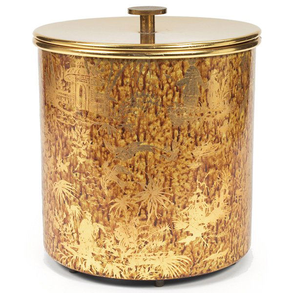 Fornasetti ice bucket, Italy, gold, signed: Fornasetti ice bucket, Italy, insulated form with gold decoration, brass trim and feet, signed on bottom "Fornasetti Milano Made in Italy," 9"dia x 10"h, original finish, very good condition