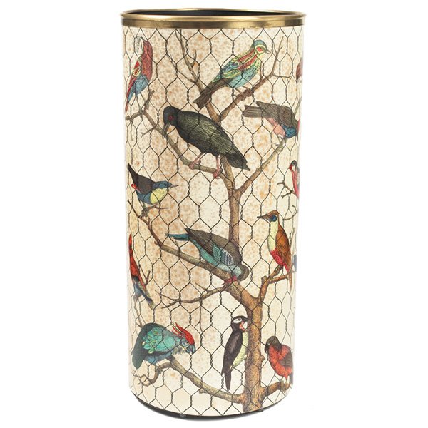 Fornasetti umbrella stand "Uccelli" (birds) signed: Fornasetti umbrella stand, "Uccelli" (birds), signed "Fornasetti Milano Made in Italy" on surface and on base, 10.25"dia x 22.5"h, very good original condition