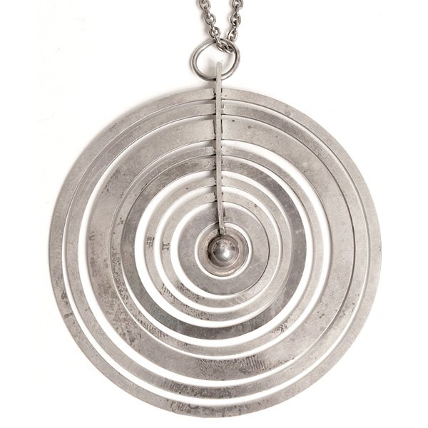 Tapio Wirkkala Hopeakuu pendant sterling: Tapio Wirkkala "Hopeakuu" pendant, by Nilo Westerback, c. 1971, Finland, sterling, 9 concentric rings, original matching chain, pendant with stamped marks "NW 925H T7" with crown mark, chain stamped w