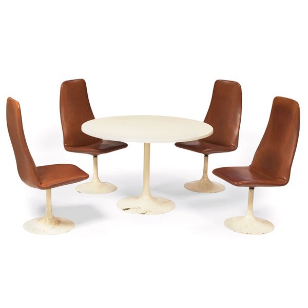 Johanson of Sweden "Viggen" dining set: Johanson of Sweden "Viggen" dining set, table with round fiberglass top and enameled metal base, four chairs with metal bases and original brown vinyl leatherette seats, table with label "Johanson Des