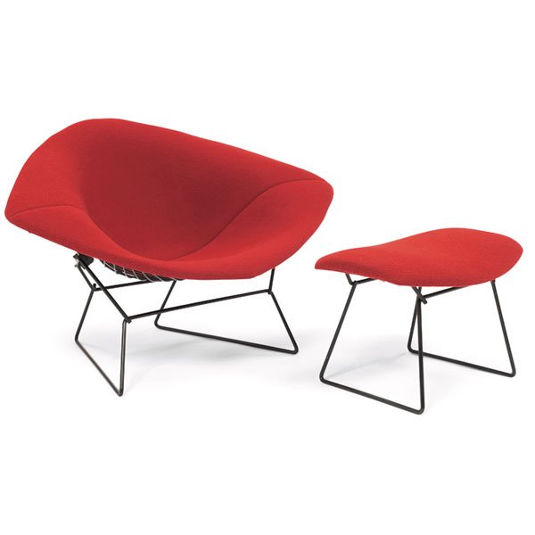 Bertoia Wide Diamond chair & ottoman by Knoll: Harry Bertoia Wide Diamond chair and ottoman, by Knoll, black coated wire frames with rubber shock mounts, Knoll "Classic Bouclé" Crimson wool cushions, chair: 45"w x 33"d x 28"h, ottoman: 24"w x 16"