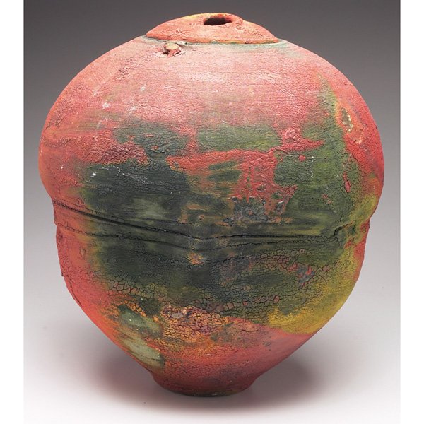 Kris Cox lidded jar, 1981, large saggar-fired: Kris Cox lidded jar, 1981, large and unusual form with a multicolored and textured glaze, saggar-fired, signed, 14"w x 17.5"h