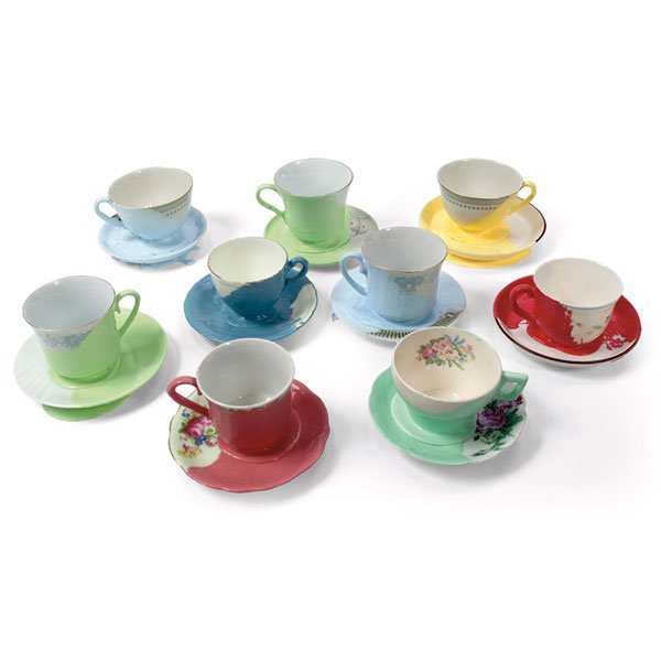 Michelle Ivankovic "Tassa" cups/saucers, Umbra, 9: Michelle Ivankovic "Tassa" cups and saucers, for Umbra, set of 9, vintage cups and saucers dipped in various colors of liquid latex, sizes vary, excellent condition