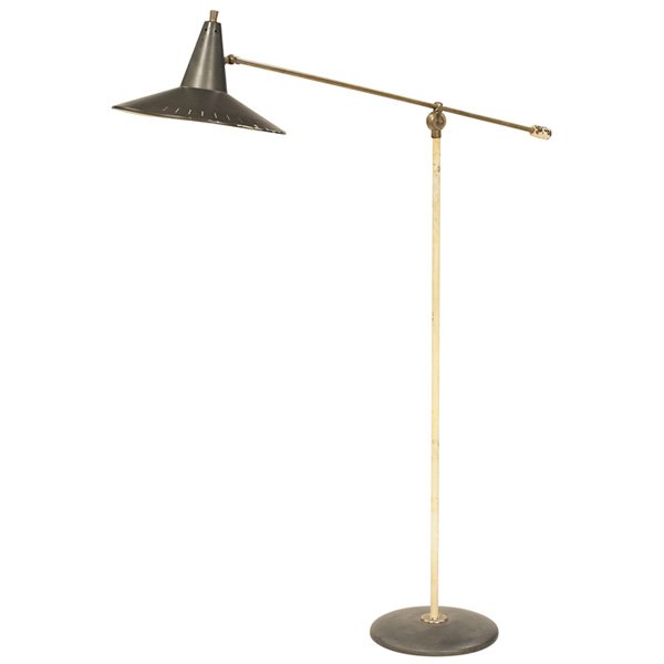 Wim Rietveld floor lamp, the Netherlands: Wim Rietveld floor lamp, the Netherlands, dark gray enameled base and adjustable aluminum shade with perforations, white counterweight and standard, brass arm, unsigned, original finish, shade is 12"d