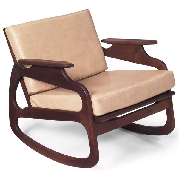 Craft Associates rocker, 1960s, walnut & leather: Craft Associates rocker, 1960s, walnut frame with paddle arms, removable cushions newly reupholstered in light tan leather, refinished, 28"w x 28"d x 28"h, very good condition