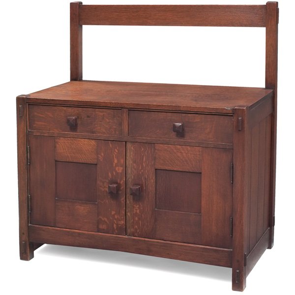 Rare Gustav Stickley wash stand, #628 : Rare Gustav Stickley wash stand, #628, c. 1902, two drawers over two paneled cabinet doors, chamfered board sides and back with thru-tenon construction, original faceted wood knobs, signed with large 