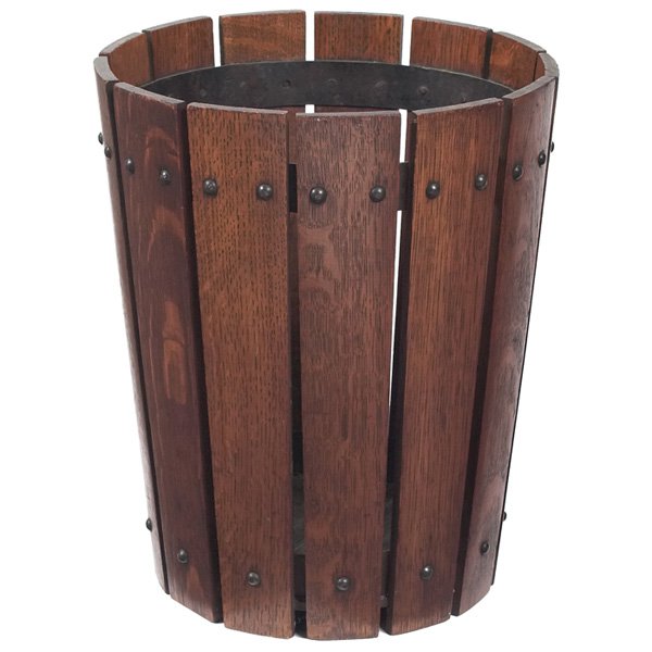 Gustav Stickley wastebasket, #94 : Gustav Stickley wastebasket, #94, slatted form supported by an iron hoop frame, fine original finish, signed with paper label, 12"dia x 14"h, excellent condition