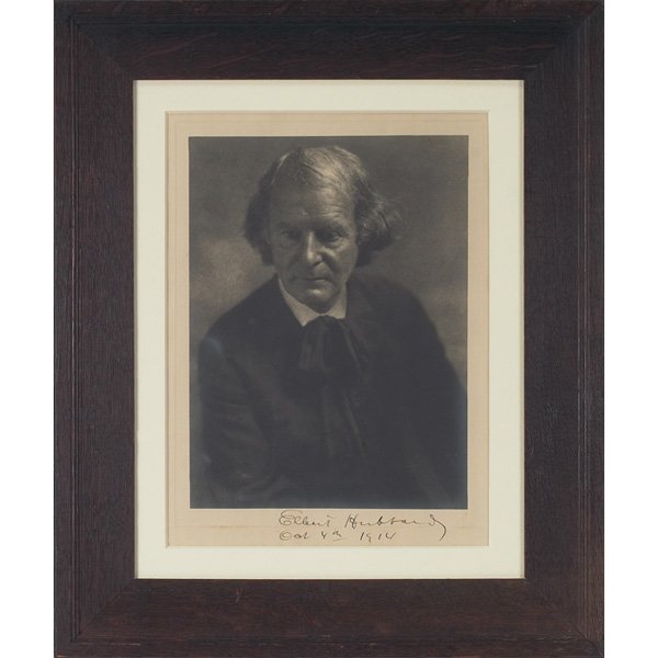 Elbert Hubbard photogravure, 1914 : Elbert Hubbard photogravure, signed by Hubbard and dated 1914 in margin, signed and dated in image lower left "Williams, Evansville, Ind.," orb embossed at lower left margin, 13" x 10", framed
