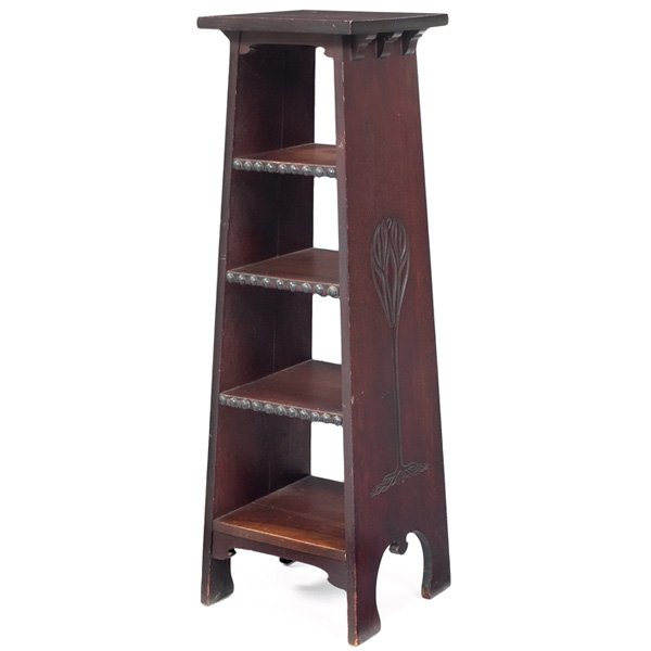 Early Gustav Stickley Chalet magazine stand, #500: Early Gustav Stickley for Tobey Furniture Company Chalet magazine stand, #500, c. 1901, square top over four shelves supported by slab sides with the earliest carved version of the Tree of Life design