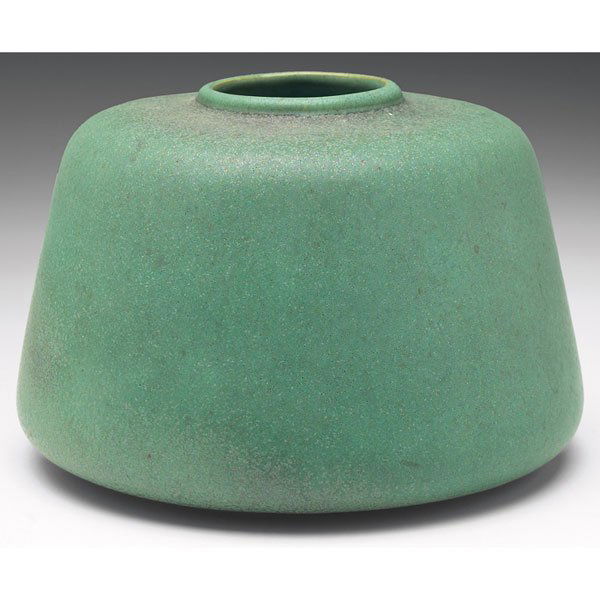 Teco vase, #126, broad shape, green matte glaze: Teco vase, #126, broad shape, covered in a good green matte glaze with charcoal highlights, impressed marks, 5"w x 3.5"h