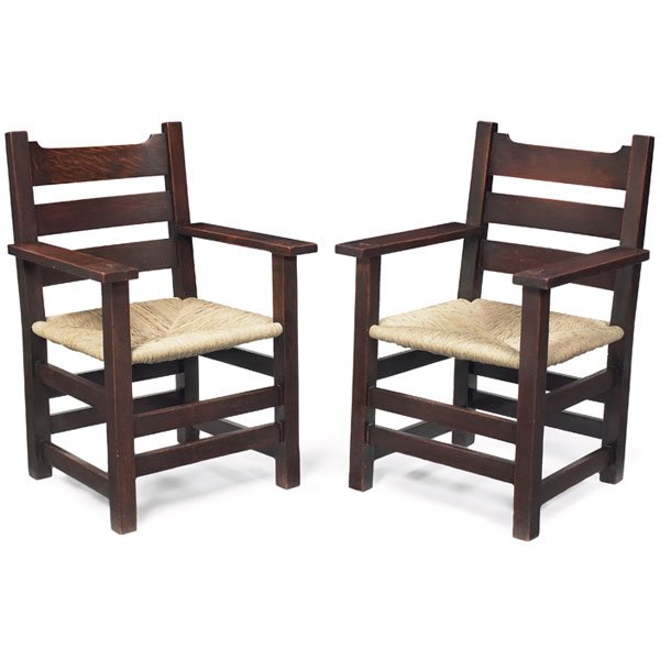 Early Gustav Stickley armchairs, pair, #2616: Early Gustav Stickley armchairs, pair, #2616, notched "U" back form with three horizontal slats, nicely professionally replaced cattail rush seats, one signed, re-coated original finish, 26"w x 25"d x