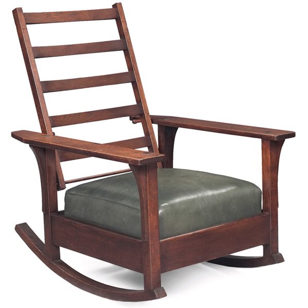 Arts & Crafts rocking Morris chair, flat-arm form : Arts and Crafts rocking Morris chair, flat-arm form with corbel supports at sides, recovered leather cushions, refinished, 29.5"w x 34"d x 38.5"h, good condition