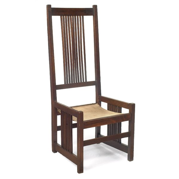 Gustav Stickley dining chair, #384 : Gustav Stickley dining chair, #384, high-back spindled form with an original sling seat, original finish, signed with red decal, warp to one spindle, 19"w x 18"d x 46"h, very good condition